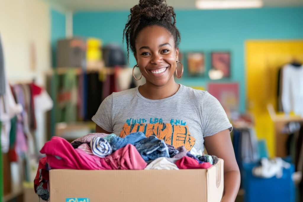 Smiling woman holding donation box filled with clothes